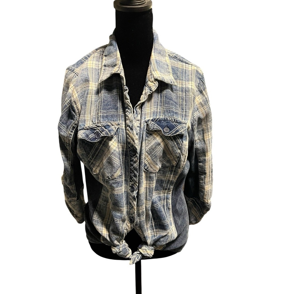 Ci Sono Button Down Shirt Large Blue Plaid Fitted Roll Tab Sleeves Western PTP22